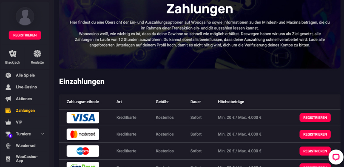 Ein- und Auszahlungen im Woo Casino